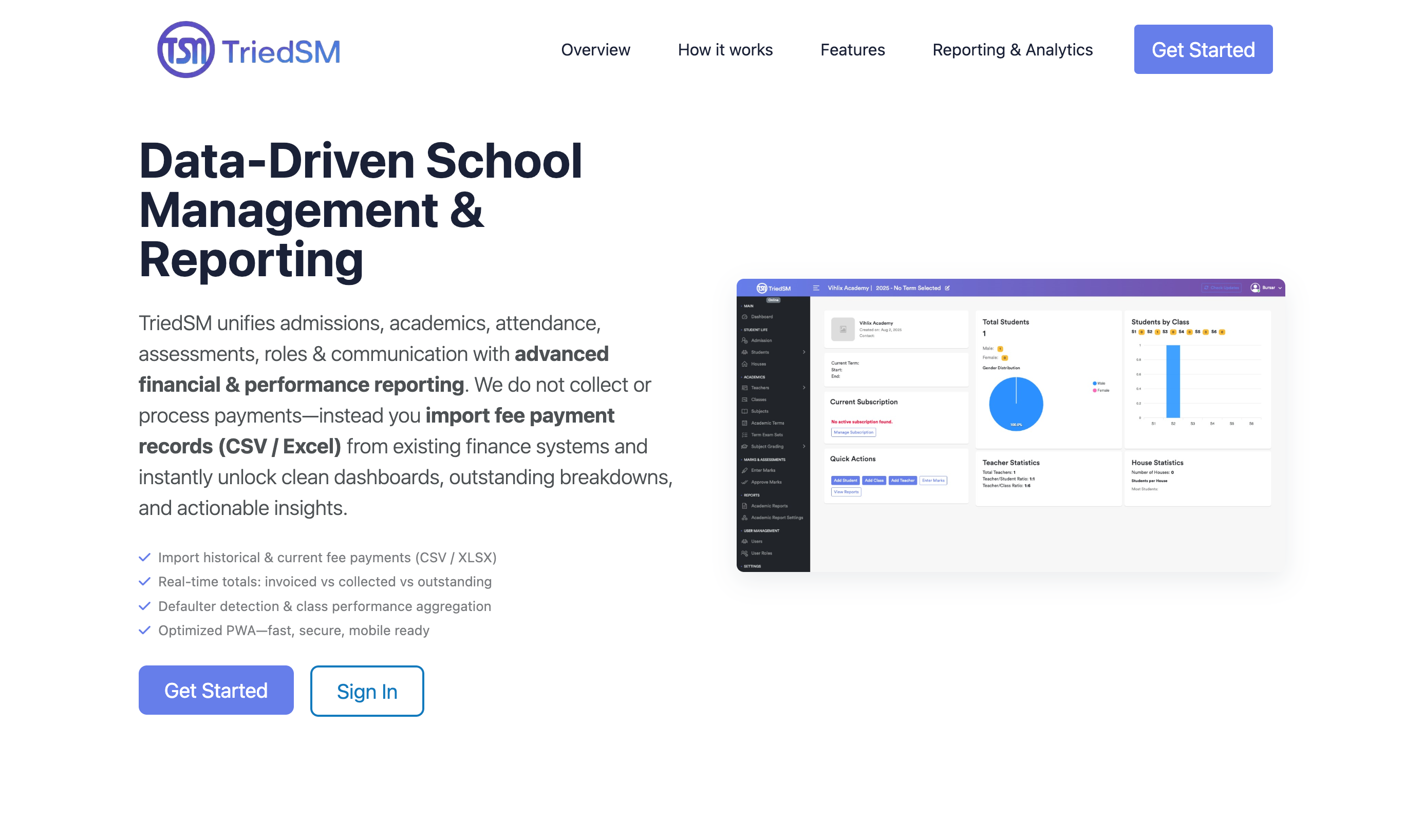 TriedSM school management and reporting dashboard